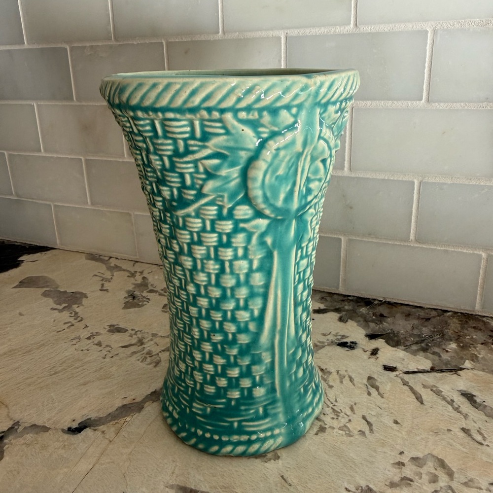 McCoy - Turquoise Leaves & Basketweave Vase